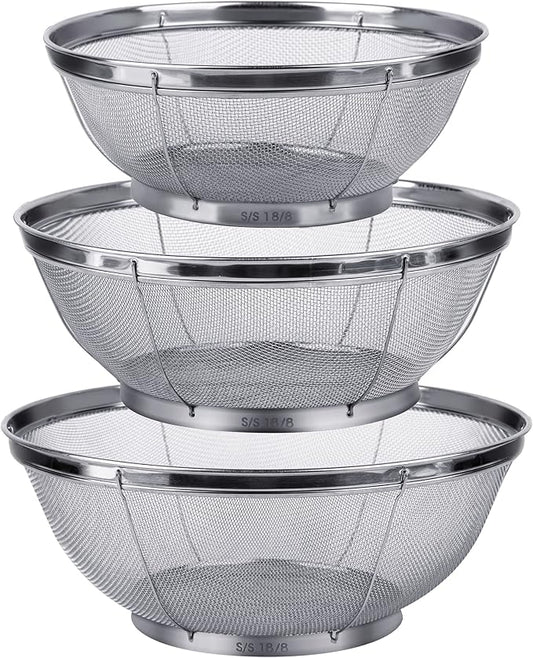 3 Pack Strainers for Kitchen, 18/8 Stainless Steel Colander, Fine Mesh Strainer by Tiawudi