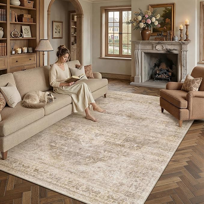 8x10 Washable Neutral Area Rug Beige Vintage Living Room Bedroom Carpet - Image 3