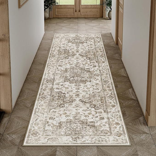 2x6 Washable Neutral Runner Rug Brown Vintage Hallway Kitchen Carpet Non-Slip by WondRg