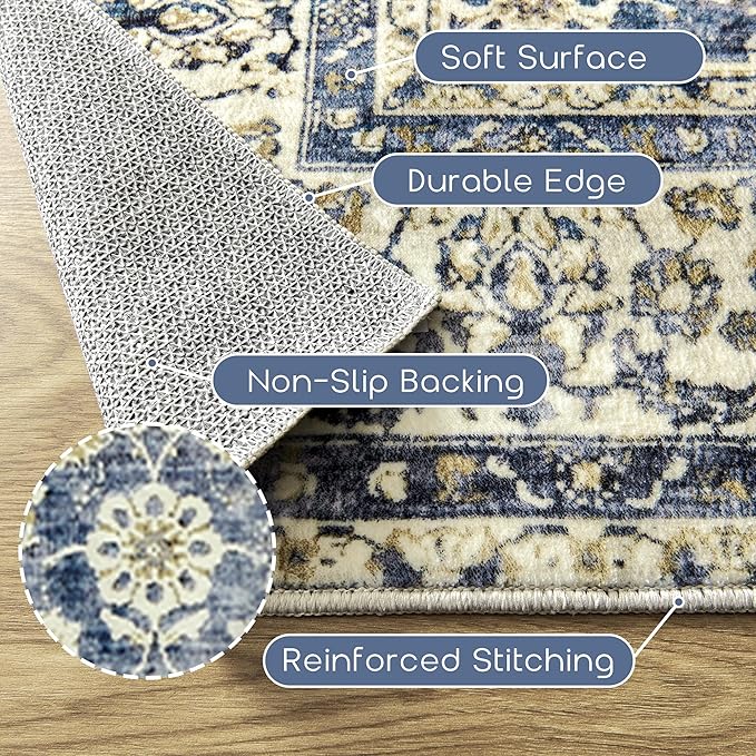 Blue Area Rugs 5x7 Vintage Boho Flower Distressed Low Pile Rug - Image 3