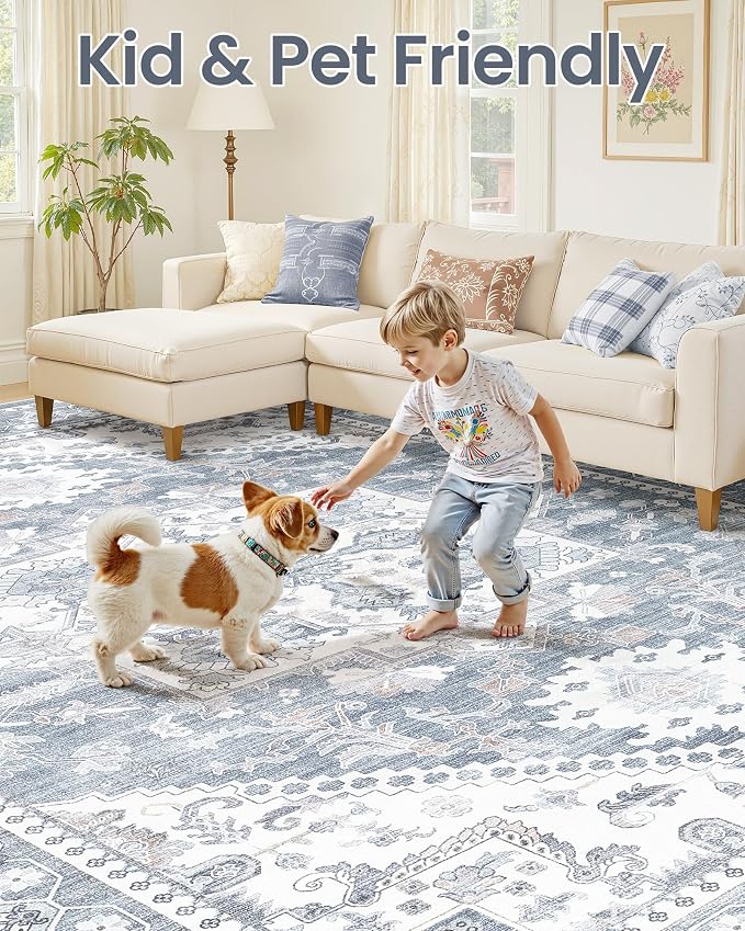 5ft Round Area Rug: Washable Vintage Neutral Soft Non Slip Thin Large Floor - Image 7
