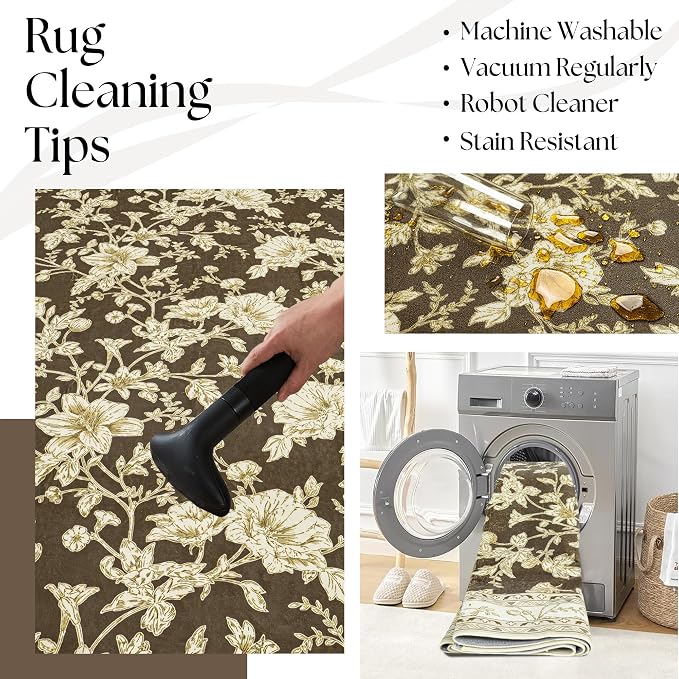 Brown Floral Rug 5x7 Machine Washable Area Rug - Image 5