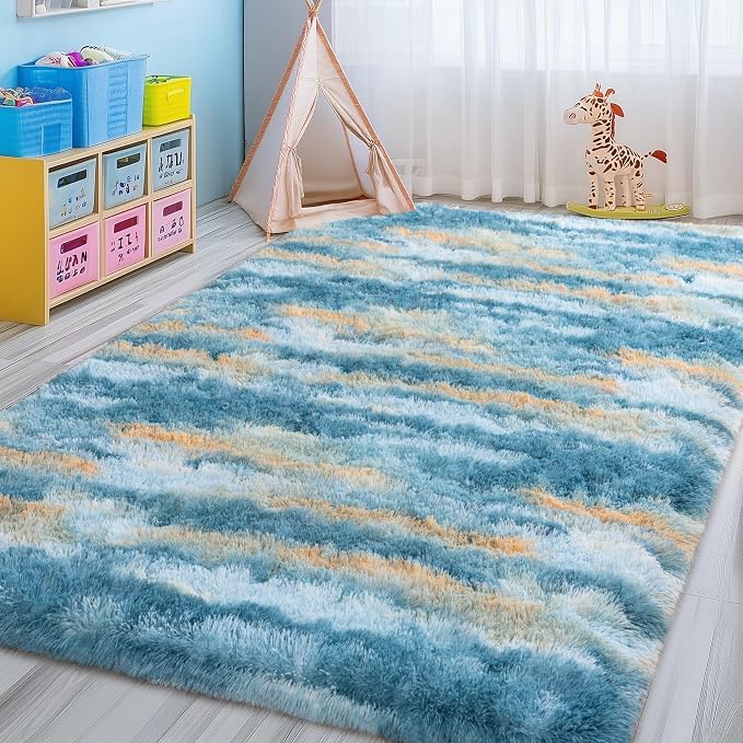 Fluffy Rugs for Living Room, 6x9 Feet Abstract Blue Large Shag Area Rugs for - Image 3