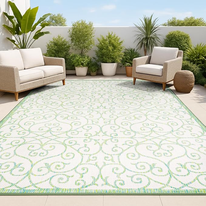 JONATHAN Y Vintage Filigree Indoor Outdoor Area Rug 4X6 Cream/Green, Madrid by JONATHANY