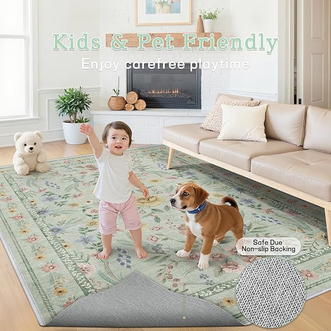 Green Washable Floral Rugs 7x9 Large Vintage Boho Non-Slip Living Room Carpet - Image 5