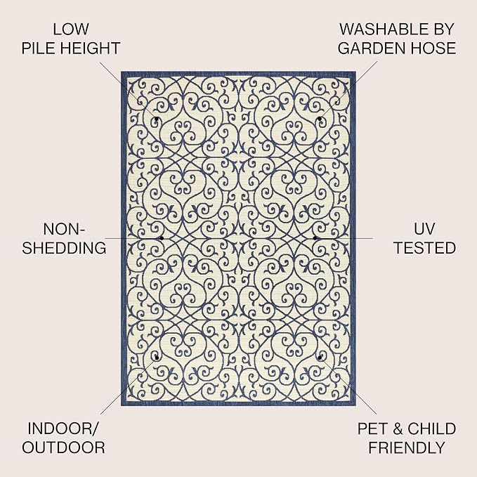 JONATHAN Y Vintage Filigree Indoor Outdoor Area Rug 8X10 Navy/Beige, Madrid - Image 2