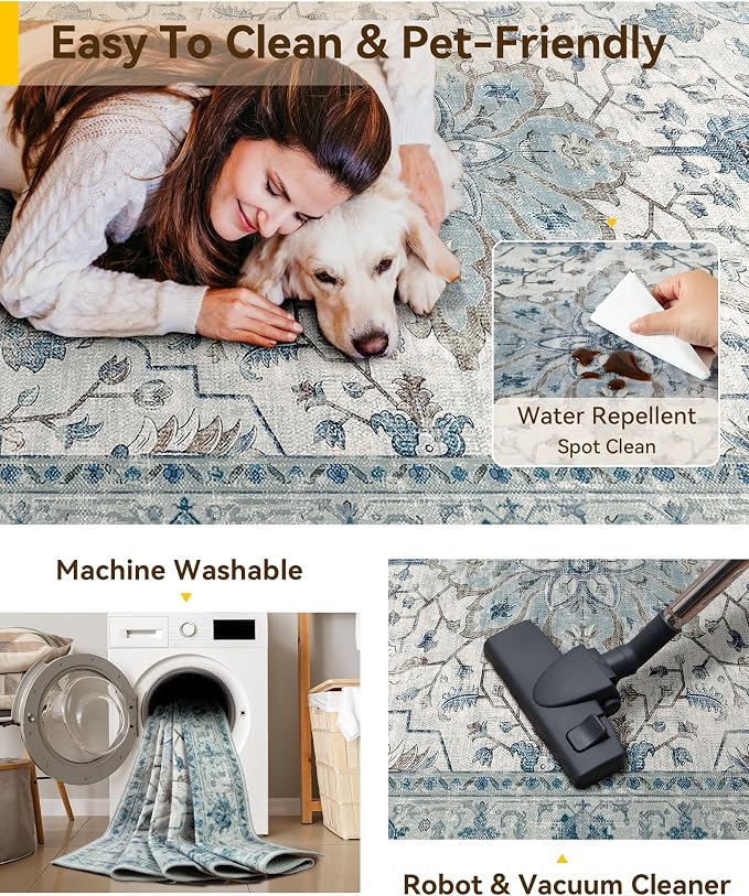 RELEANY Area Rugs Square 7ft Washable Non-Slip, Floral Vintage Distress - Image 3