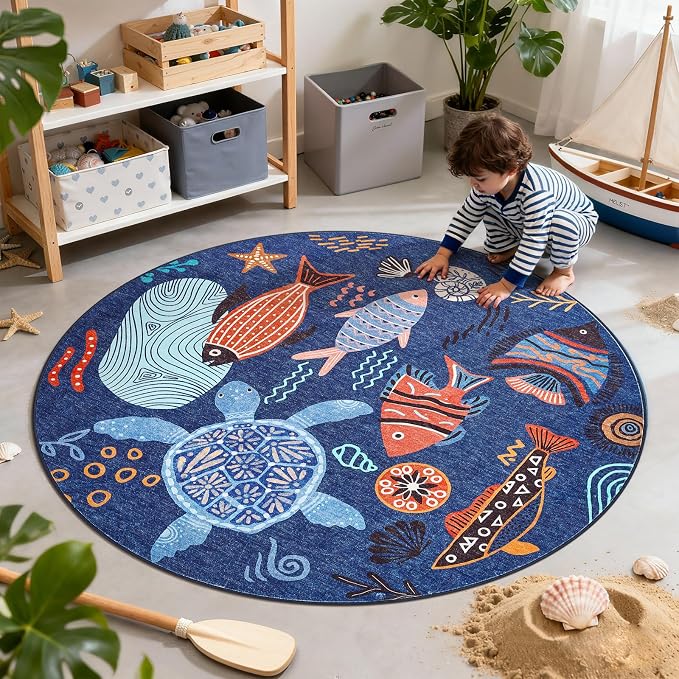 jinchan 4ft Coastal Round Rug Kids Washable Fun Rug Colorful Ocean Fish Small by JINCHAN