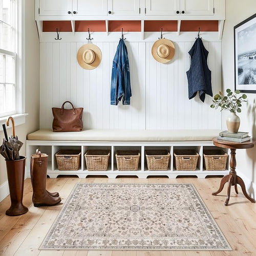 3x4 Entryway Rug Washable Non-Slip–Boho Floral Stain-Resistant Small Area Rug by BYYVOORugsforYourHome