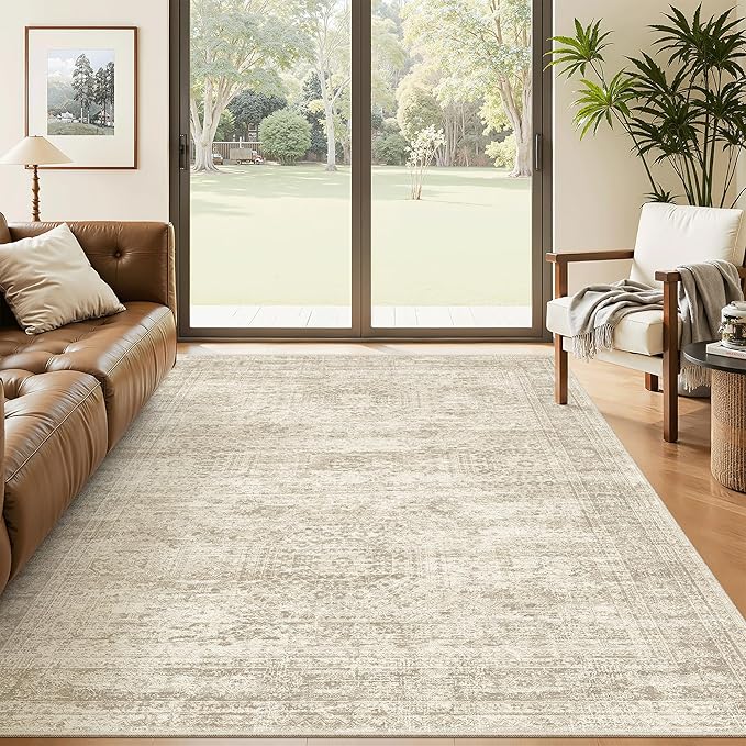 Soalmost 5x8 Area Rugs Beige Low Pile Indoor Washable Trendy Faded Style Rugs by Soalmost