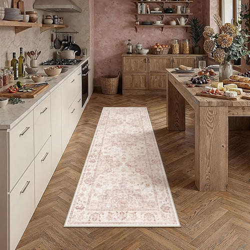 2x6 Washable Neutral Runner Rug Pink Vintage Hallway Kitchen Carpet Non-Slip by WondRg