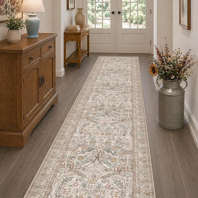 Vintage Floral Moss Green 2x10 Hallway Runner Rug Non Slip - 10 ft Extra Long by Evyhood