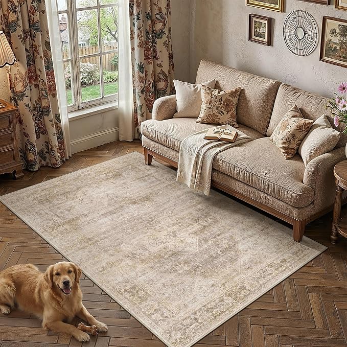 3x5 Washable Neutral Area Rug Beige Vintage Entryway Bathroom Carpet Non-Slip - Image 3
