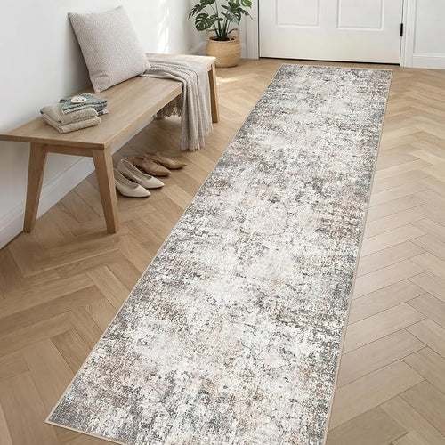 2.6'x14' Runner Rug Washable Rug: Modern Abstract Soft Thin Runner Rug Brown by FXRHLP