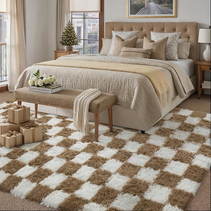 PureCozy 8x10 Area Rugs for Living Room Brown Soft Shag Checkered Large Rug - Image 4