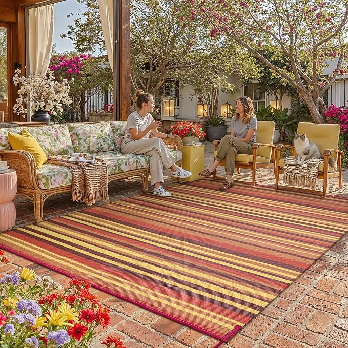 Outdoor Plastic Straw Rug Waterproof Patio 8x10 Red Orange Stripe Mat by WondRg