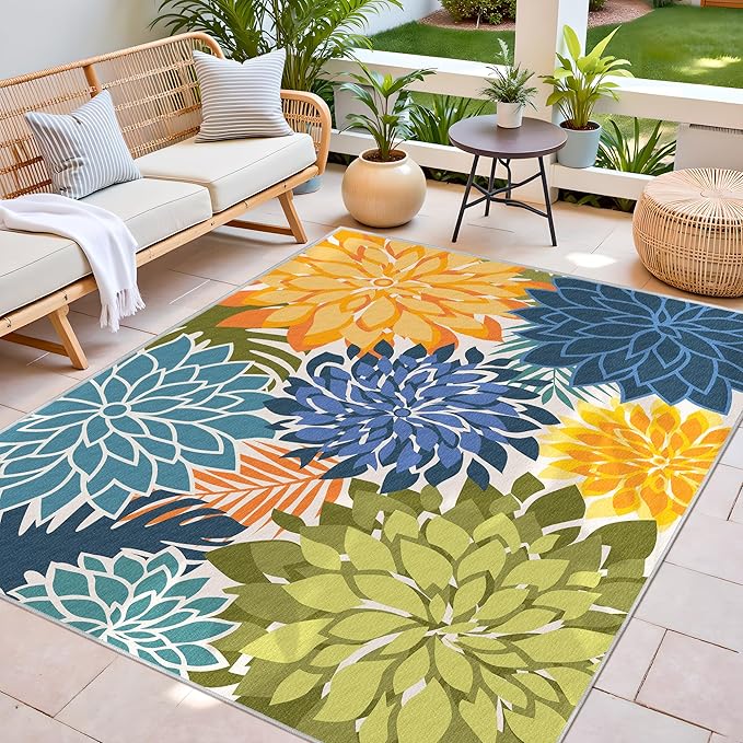Colorful 9x12 Outdoor Area Rug Washable Multicolored Patio Rug Tropical - Image 3