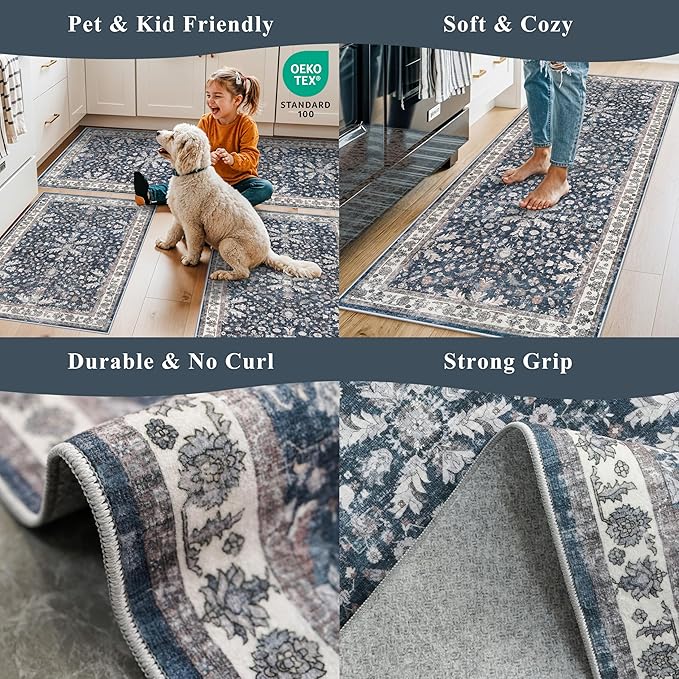 2x8ft Washable Non Slip Kitchen Rugs – Boho Floral Stain-Resistant Low-Pile - Image 5