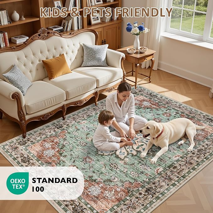 8x10 Area Rugs for Living Room: Washable Rug Soft Vintage Distressed Floral - Image 9