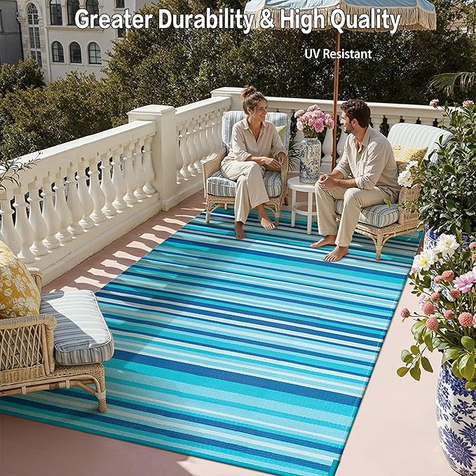 Outdoor Plastic Straw Rug Waterproof Patio 6x9 Blue Teal Stripe Mat - Image 5