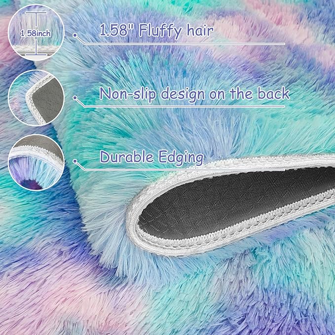 Shaggy Tie Dyed Light Blue Purple Runner Rug 2x6 ft Bedside Area Rugs - Image 5