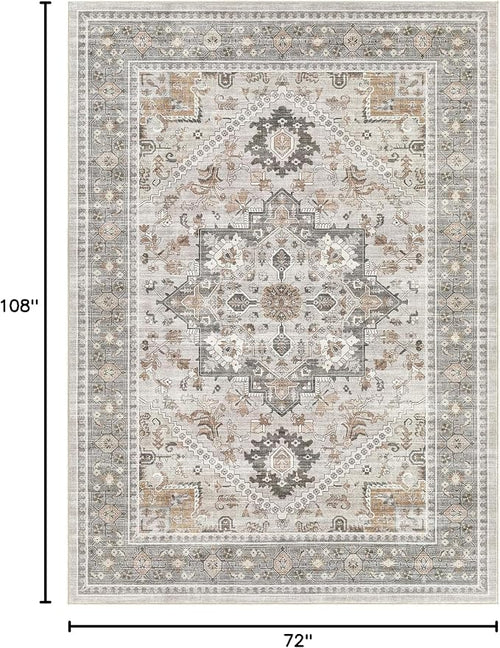 6x9 Vintage Area Rug: Washable Neutral Soft Non Slip Thin Large Floor Carpet - Image 2