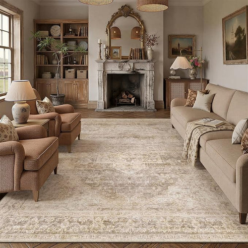 9x12 Neutral Area Rug Beige Vintage Living Room Bedroom Washable Carpet by WondRg