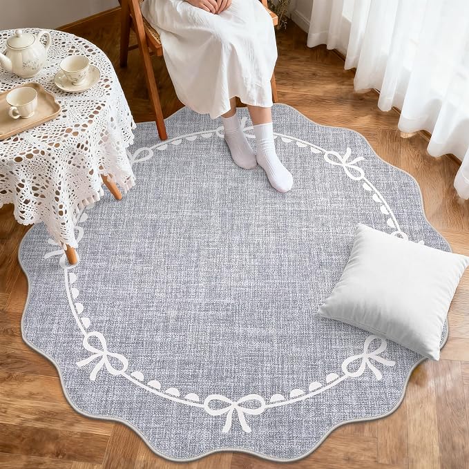 GarveeHome Scalloped Bow Rug for Living Room, 5ft Round Rugs Washable Solid - Image 3