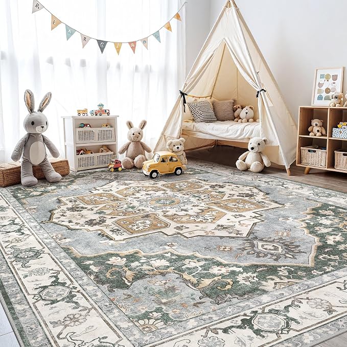 8x10 Washable Area Rug: Vintage Neutral Soft Non Slip Thin Large Floor Carpet - Image 9