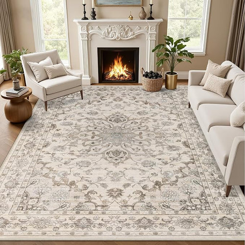 8x10 Area Rugs for Living Room: Washable Rug Soft Vintage Distressed Floral by EXPEDIX