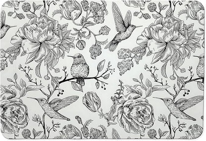 Black and White Floral Hummingbird Dish Drying Mat, Vintage Botanical Coffee by Unknown