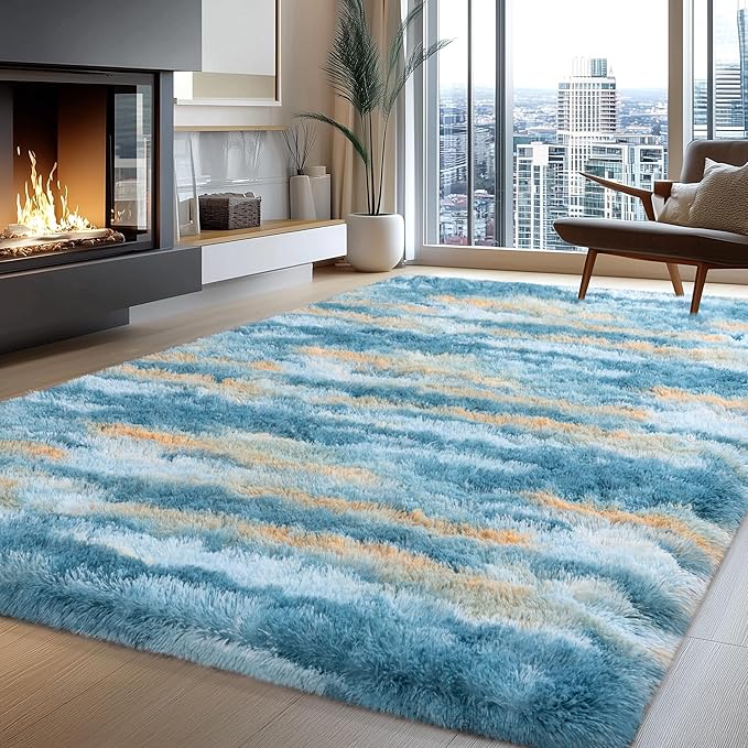 9x12 Fluffy Shag Area Rugs, Ultra Soft Non-Slip Abstract Blue Plush Carpet - Image 3