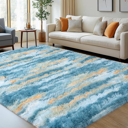 9x12 Fluffy Shag Area Rugs, Ultra Soft Non-Slip Abstract Blue Plush Carpet by WISHTREE
