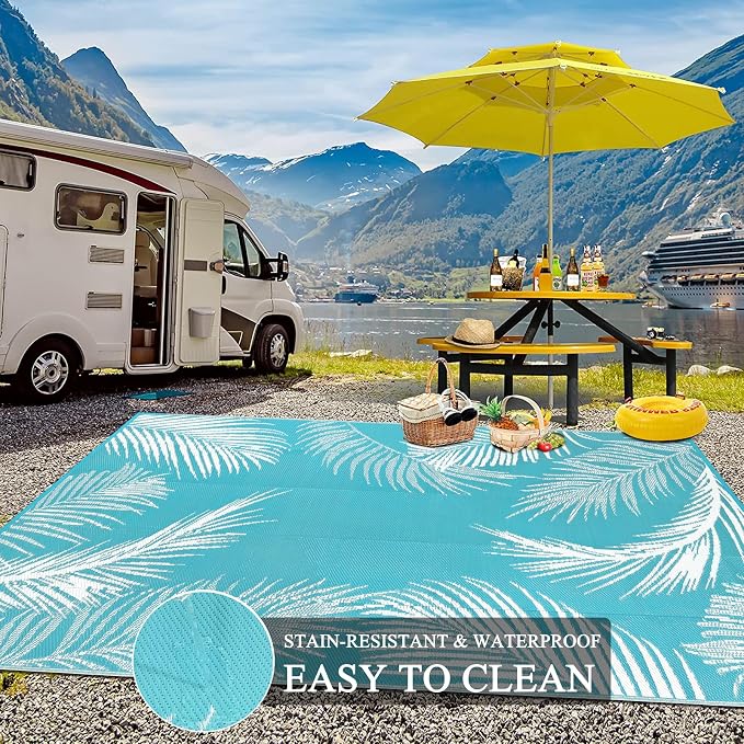 Pauwer Waterproof Outdoor Rug 10x14, Reversible Plastic Straw Patio Camping Rug - Image 4