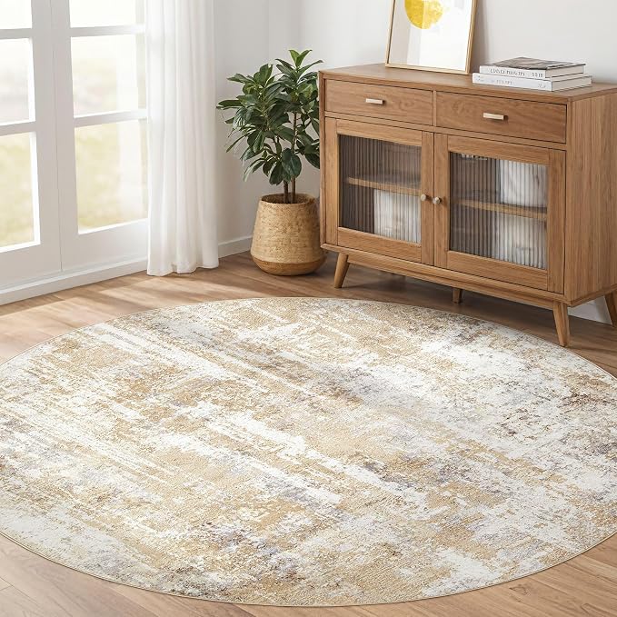 Round Rug Living Room Rugs: 4x4 Washable Circle Abstract Modern Soft Stain by LOONGRUG
