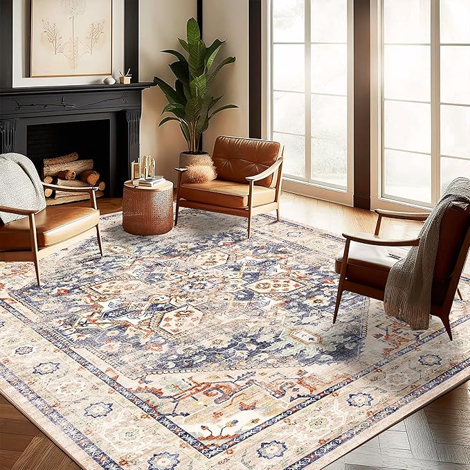 CHAMPLANT Washable Area Rug 10'x14' Blue Khaki Retro Flowers Boho Design by CHAMPLANT