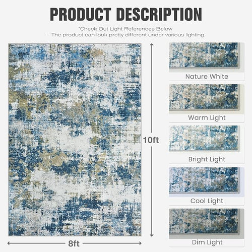 Area Rug 8x10 Living Room Rug Washable: No-Slip Abstract Soft Thin Large Blue - Image 2