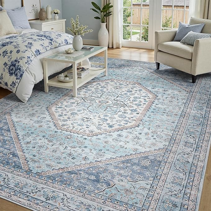 DCX Machine Washable Blue and Beige Area Rug 4x6, Non Slip Stain Resistant - Image 2