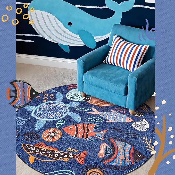 jinchan 5ft Coastal Round Rug Kids Washable Fun Rug Colorful Ocean Fish Floor - Image 6