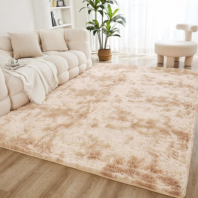 Litanika 9x12 Shag Area Rug for Living Room Bedroom, Tie-Dyed Beige High Pile by Litanika
