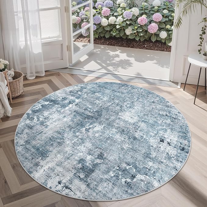 Soalmost 6x6 Blue/Grey Round Rug 6ft Living Room Circle Rug Vintage Round Area - Image 4