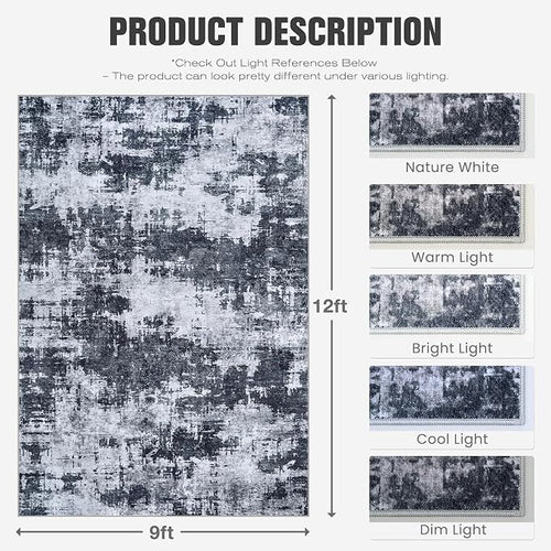9x12 Area Rugs for Living Room Washable: Abstract Soft Thin Low Pile Black Rug - Image 2