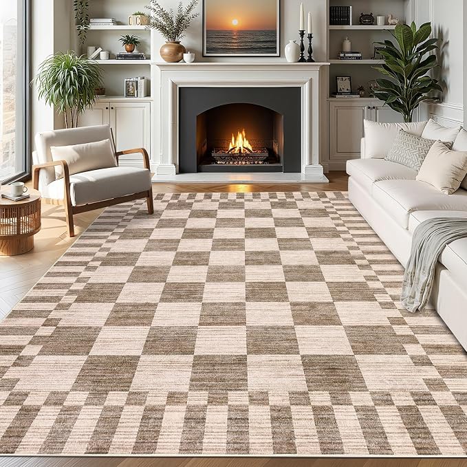 GarveeHome 8×10 Area Rugs for Living Room, Modern Brown Checkered Rug, by GarveeHome