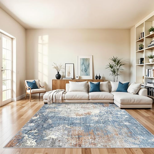 8x8 Square Living Room Area Rug – Washable Modern Neutral Abstract Indoor Rug by BYYVOORugsforYourHome
