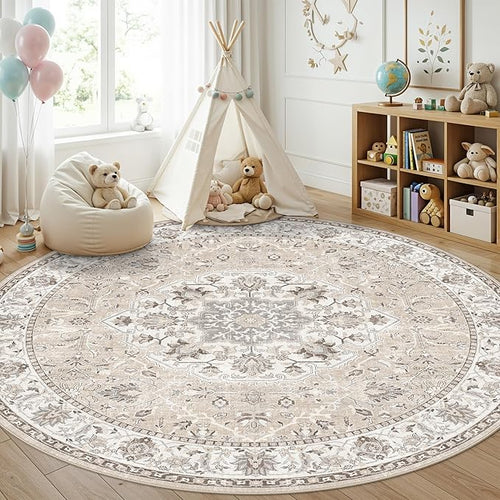 7x7 Living Room Area Rug: Washable Oriental Printed Soft Round Rug by HYHAOYUNLAI