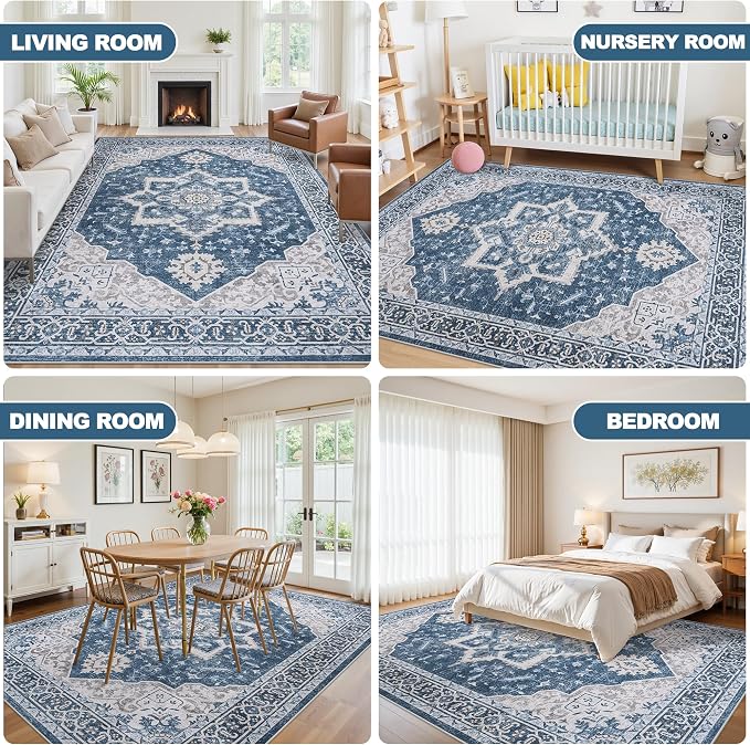 5x7 Area Rugs for Living Room:Blue Washable Vintage Medallion Boho Rug Non-Slip - Image 6