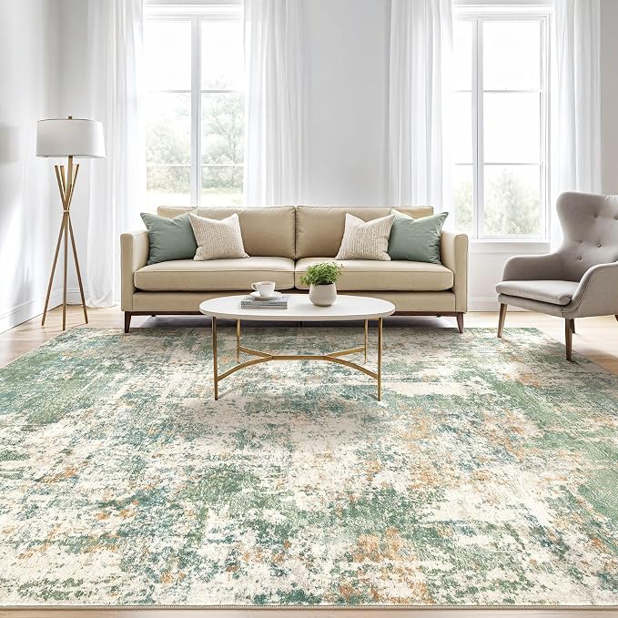 12x15 Area Rug Living Room: Washable Large Abstract Soft Green Rug Stain - Image 5