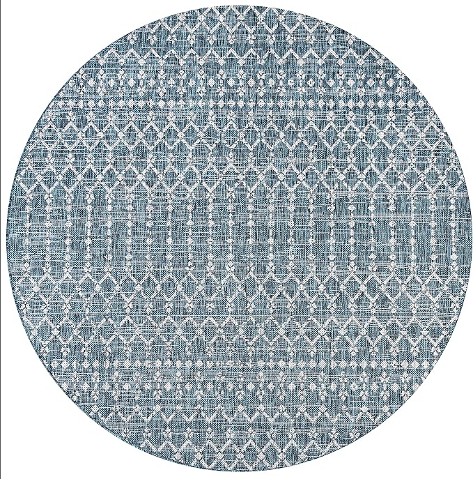JONATHAN Y Moroccan Geometric Indoor Outdoor Round Area Rug 4 Ft Teal/Gray - Image 9