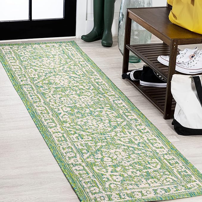 JONATHAN Y Boho Medallion Indoor Outdoor Runner Rug 2X10 Cream/Green, Malta by JONATHANY