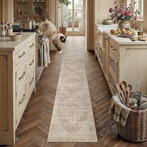 2x8 Washable Neutral Runner Rug Beige Vintage Hallway Kitchen Carpet Non-Slip by WondRg